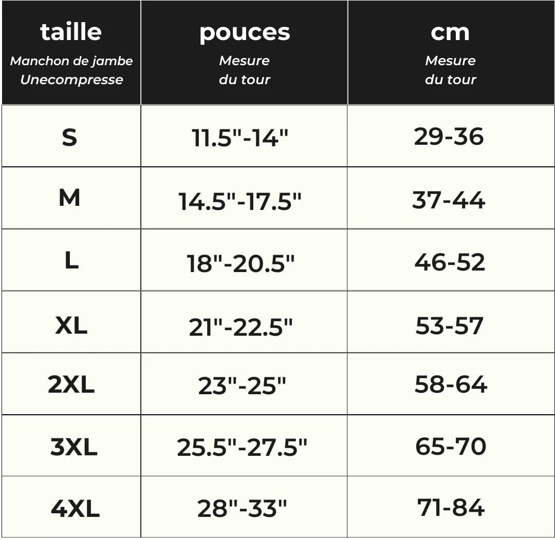 Guide des tailles du manchon de jambe (S à 4XL)